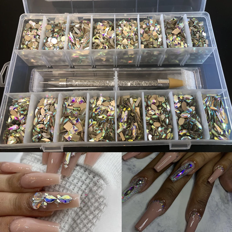 2000pcs mix combinação bling caixa ab strass!! 16 forma (125 pces/forma) flatback prego strass kits tamanho pequeno conjunto de diamantes b0189