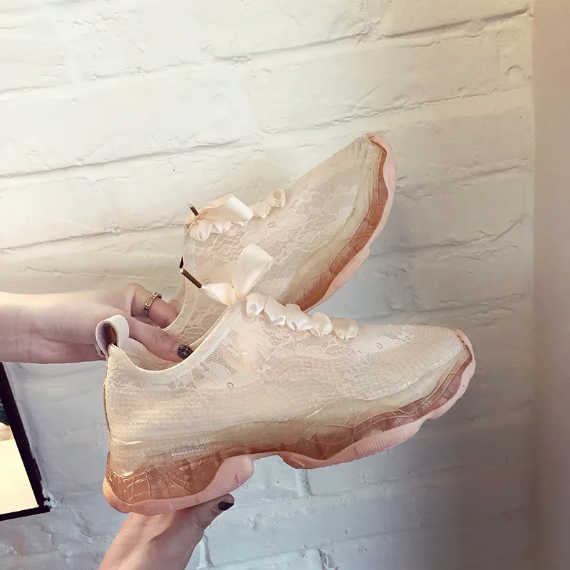 

Korean-style Summer Transparent Jelly End Lace-up Thick Bottomed Platform Lace Hollow out Dad Shoes White Shoes Athletic Shoes W
