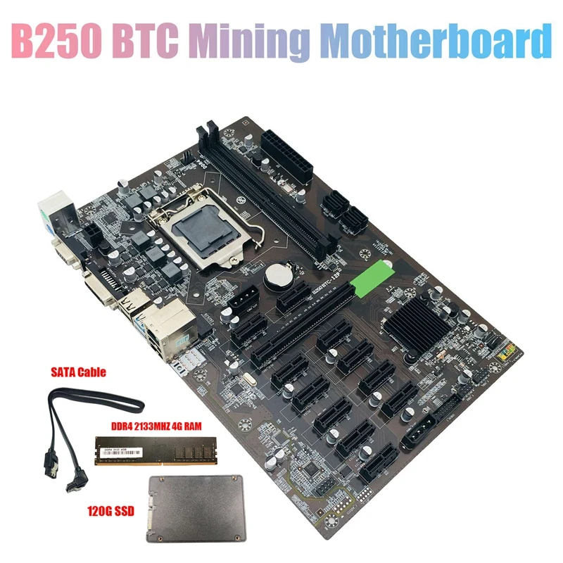 Материнская плата для майнинга B250 BTC с 120G SSD + DDR4 4 Гб 2133 МГц ОЗУ SATA кабель LGA 1151 12x