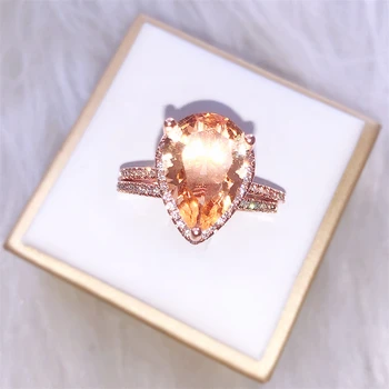 

14K Rose Gold Diamond-encrusted Ring Set Pear Shape Anillos Engagement Wedding Female Jewelry Gemstone Pink Topaz Ring Bizuteria