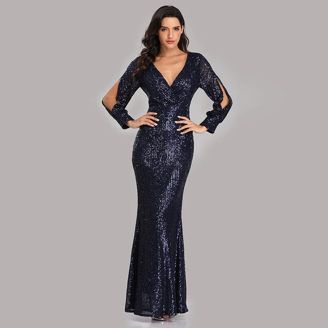 Sexy V-neck Mermaid Evening Dress Long Formal Prom Party Gown Full Sequins long Sleeve Galadress Vestidos Women Dresses 2021 Navy blue