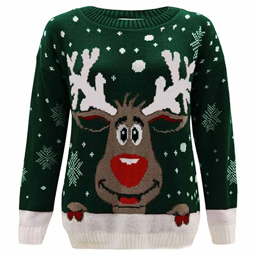 Зимний Рождественский женский свитер с милым оленем, с круглым вырезом, с длинным рукавом, блузка, топы, Свободный Повседневный Женский праздничный свитер, пуловер