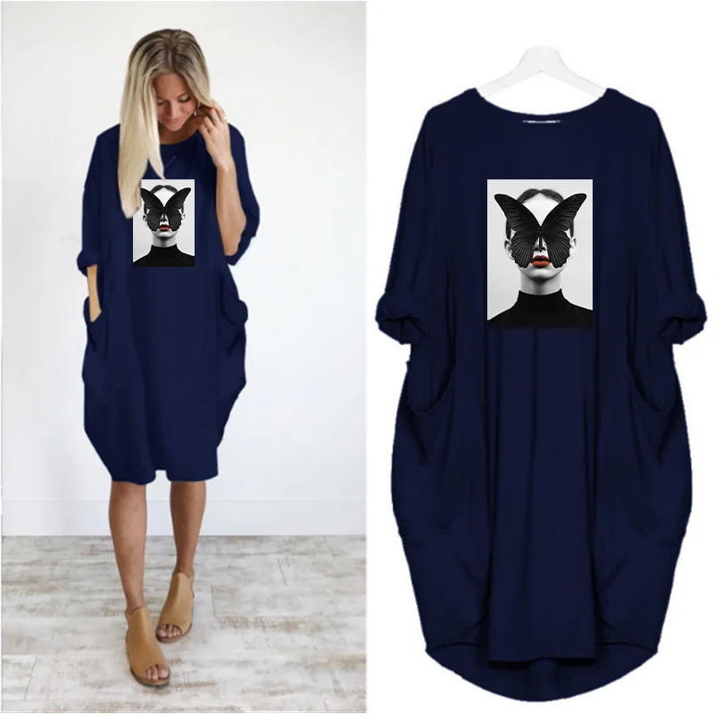 Plus Size Nordic Art Dress Butterfly Girl Cool Women Midi Dresses O-Neck Autumn Thin Long Sleeve Pockets Loose Party Vestidos