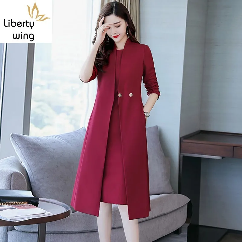 

Womens Autumn Suit New Elegant Solid Red Long Sleeve Blazer Office Lady Sleeveless A-Line Midi Dress Two Piece Set Workwear