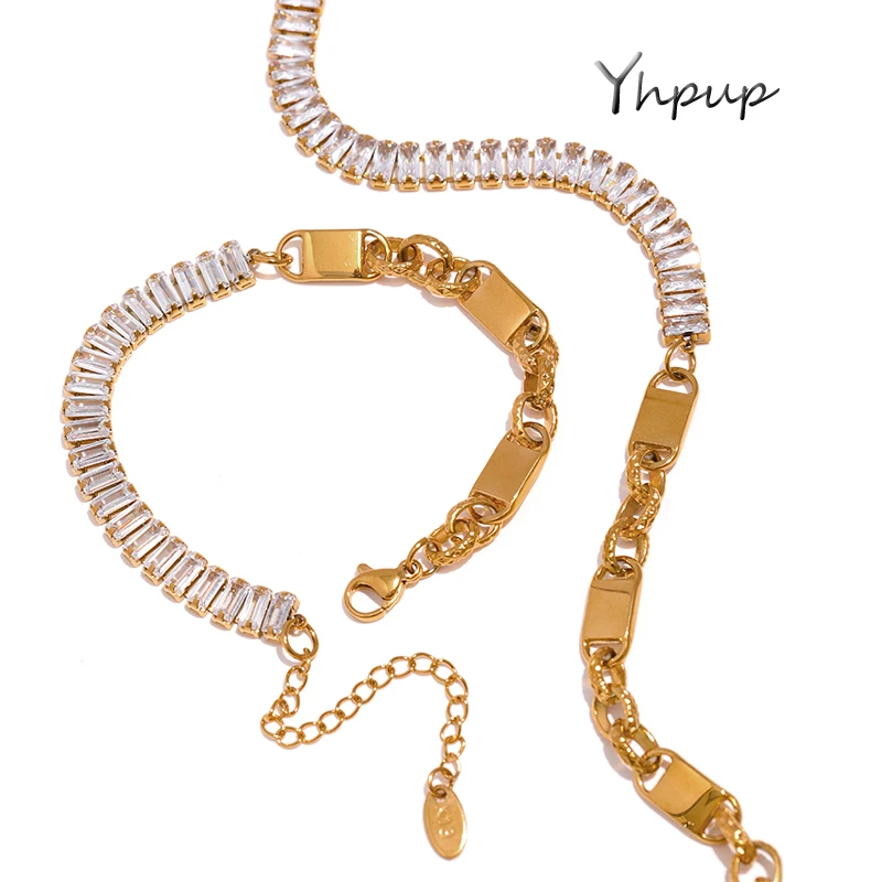 Yhpup luxurious zircon collarbone chain necklace bracelet 316L stainless steel sets for women a wonderful gift
