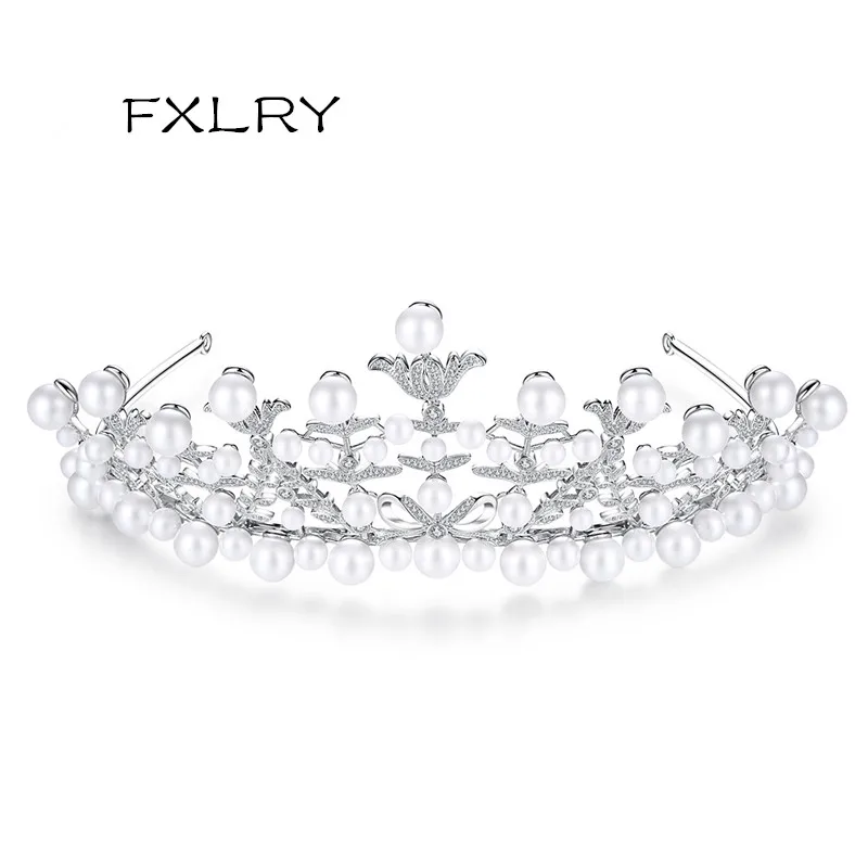 

FXLRY Elegant AAA Zircon White Imitation Pearl Queen's Tiara Crowns Hair Accessories For Women Headband Bridal Wedding Jewelry