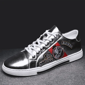 

Spring 2020 Man Leather Sneakers Silver Shoes for Men Lace-Up Casual Shoes Men Low Top Mens Designer Shoes Flats Sneakers Man