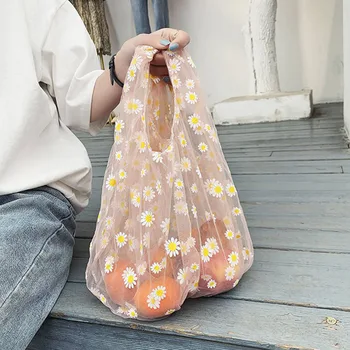 

Women Small Transparent Tote Mesh Cloth Bag Embroidery Handbag Cute Flower Fruit Bag Shopping Bag