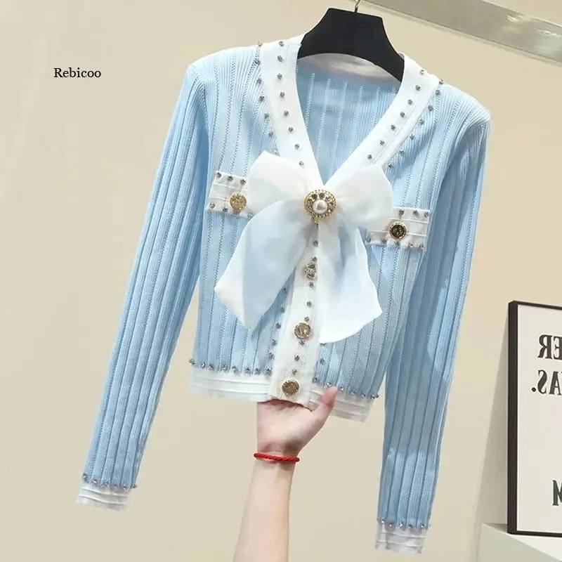 

High Quality Autumn New Arrival Fashion Women V-Neck Long sleeve Luxury Beading Decoration Knitting Cardigan Sweater Female Tops