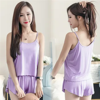 

Women Sexy Pajama Set Shorts Plus Size Summer Elegant Sling Spaghetti Strap Round Neck Sleeveless Solid Cami Top Sleepwear Suit