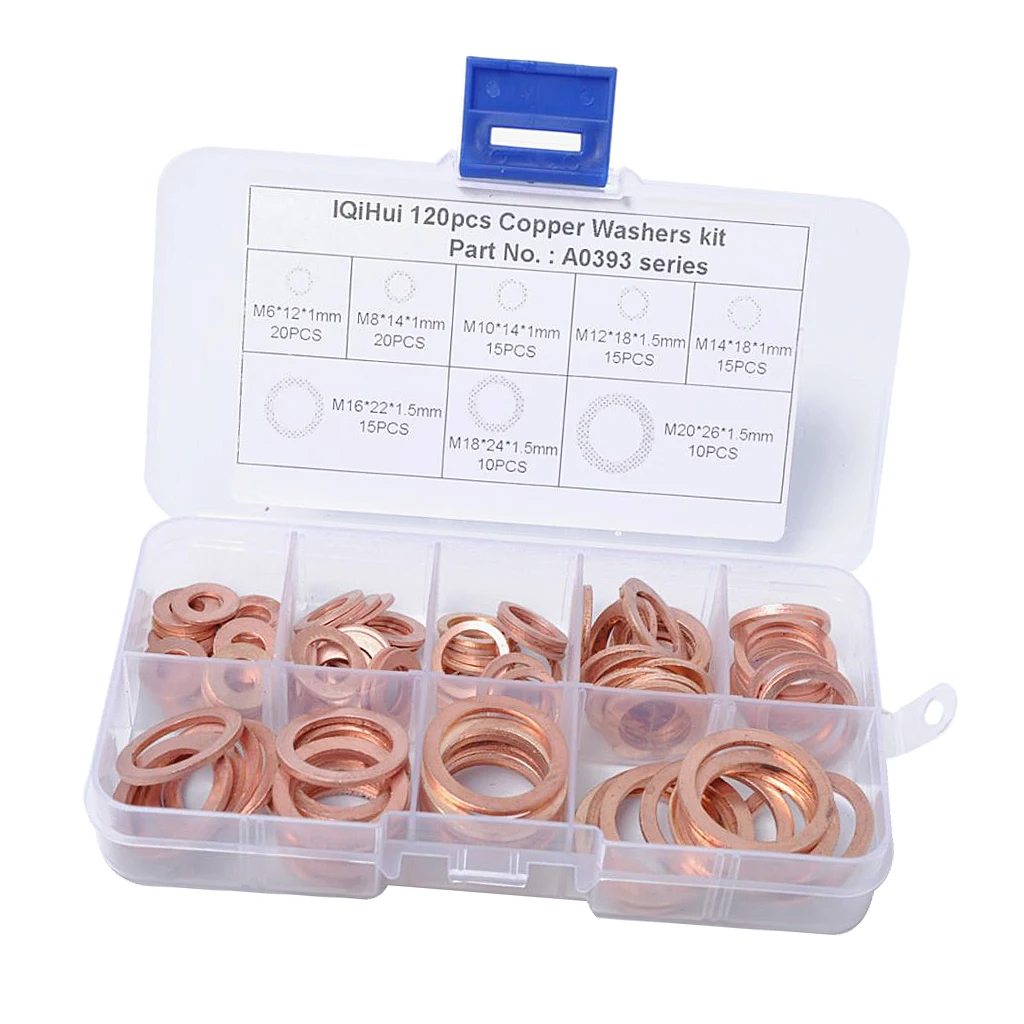 120 Pieces 8 Sizes Assorted Solid Copper Crush Washers Seal Flat Ring with Case