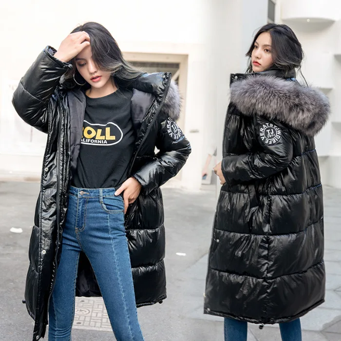 

2019 Winter New Style down Jacket Women's Long over-the-Knee Bright Surface Fashion Loose Large Fur Collar Cotton Coat a Generat