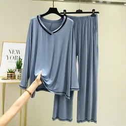 Modal Pajamas Women's Loose Pyjamas Suit Spring Autumn Long-Sleeved V-Neck Outer Wear Home Clothes Plus Size Two-Piece Set