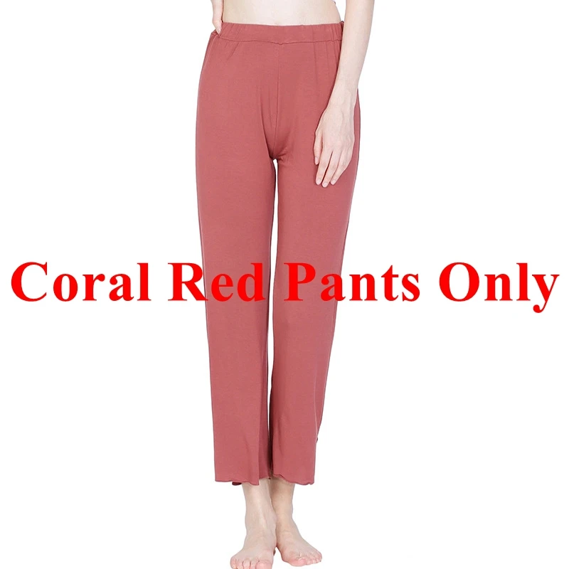 Mferlier/Осенняя женская пижама из бамбукового волокна, удобная ночная рубашка с круглым вырезом и длинными рукавами+ штаны, однотонный эластичный женский пижамный комплект - Цвет: Coral Red Pants Only
