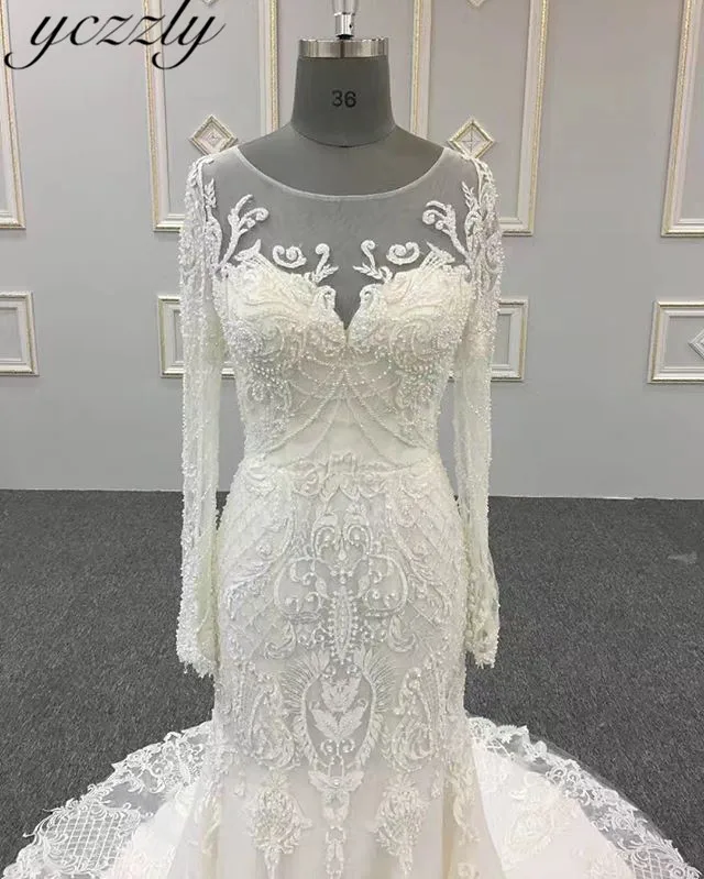 Vestido De Noiva Sereia сексуальный Совок Русалка Свадебные платья с длинными рукавами Аппликации кружевные со стразами свадебное платье Nikah Elbisesi YW10