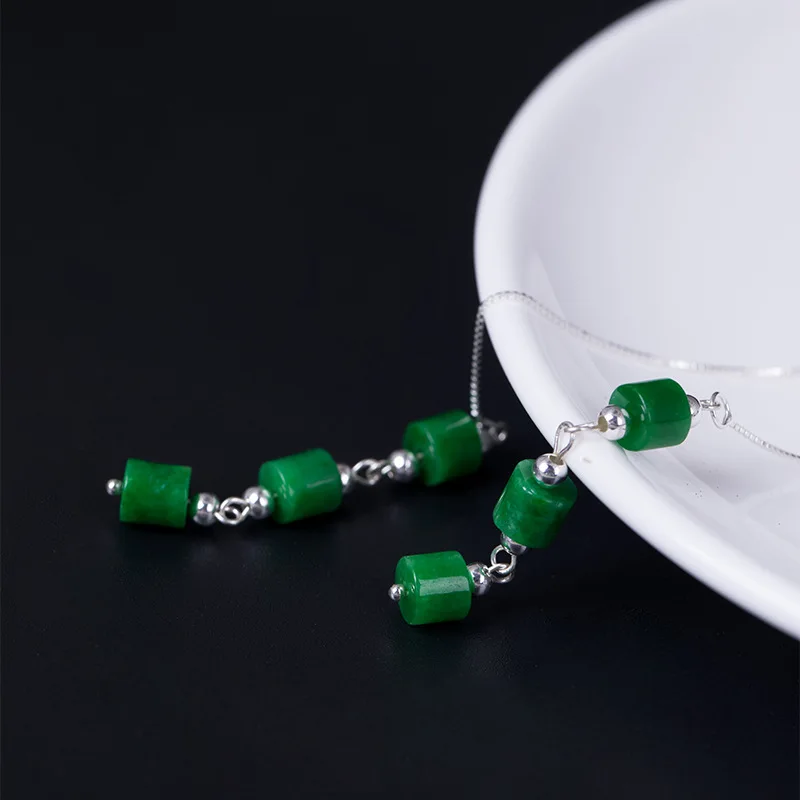 

925 Sterling Silver Ear Line With Natural jade Stone Vintage Punk Long Earrings For Women Korean Fashion Jewelry