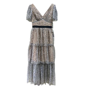 

Party Dresses Brand fashion Women Luxury Summer Vintage Elegant Sequins Beaded Embroidery V-neck Short sleeve Lace Midi Dress