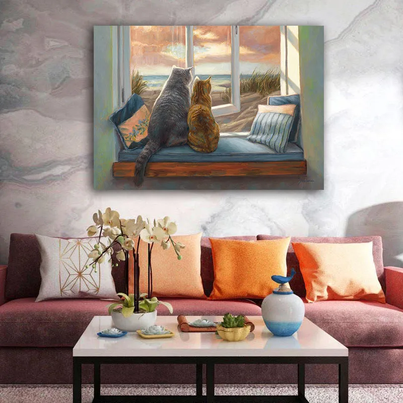 

DIY colorings pictures by numbers with Cat couple watching the sunset painting picture drawing painting by numbers framed Home