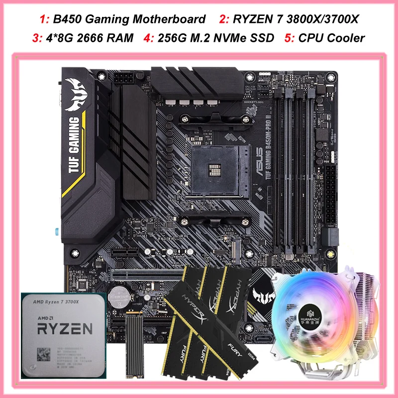 

Top Gaming Set B450 M-ATX Motherboard with 256G M.2 SSD CPU AMD RYZEN 7 3800X 3700X HUANANZHI A600 CPU Cooler 32G DDR4 2666 RAM