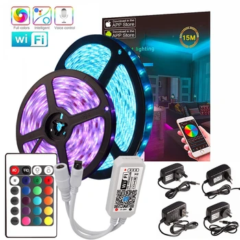 

15M WIFI LED Strip Waterproof Flexible Neon RGB LED Light Strip For Living Room Indoor Home Decoration Lamp Lighting + Adapter