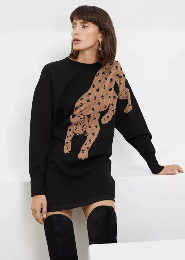 Новинка, Зимний пуловер с круглым вырезом и длинным рукавом, жаккардовый леопардовый узор, женское Повседневное трикотажное платье