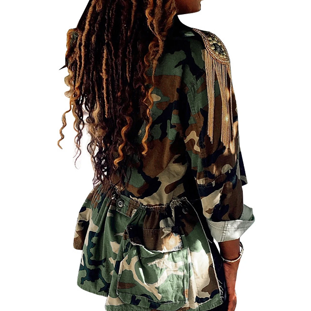 Women Multi-Bags Camouflage Cotton Large Size Casual Personality Jacket Printed Long-sleeve Irregular Coat