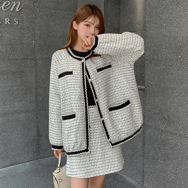 

WOMEN'S Suit Two-Piece Set Early Autumn New Style Tweed Coat + Half-length Short Skirt Western Style WOMEN'S Dress Fashionable E