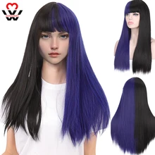 MANWEI Synthetic Long Straight Wigs Bangs Cosplay Wigs For Women Mixed color black and blue Party Lolita False Hair Wigs