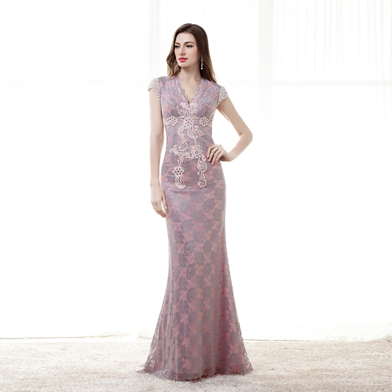 

Vintage Purple Backless Lace with Pearls Short Sleeve V-neck Mermaid Mother of the bride Dresses for Wedding Party 2021