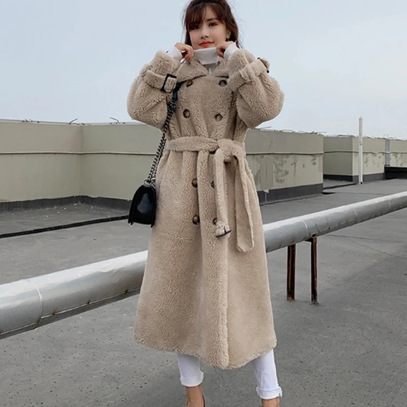 

2019 MLNRFZ Winte Long Woolen Jacket With Belt Real Fur Coat Turn Down Collar Women' Coats Natural Sheepskin Female woolcoat