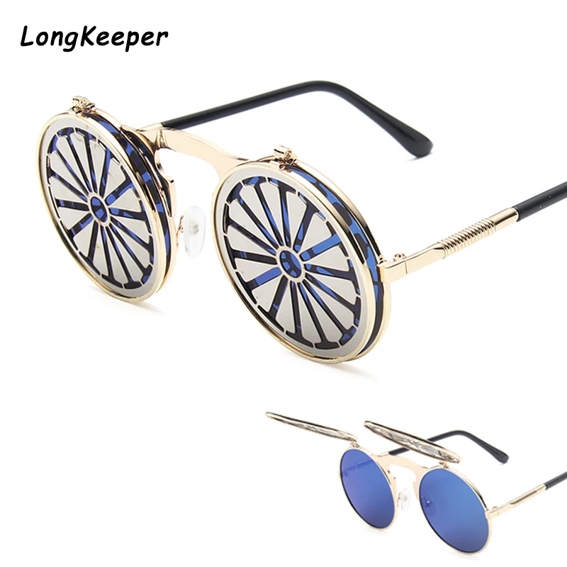 

2020 Unisex Retro Steampunk Sunglasses Men Women Cool Funny Flip Punk Round Sun Glasses Goggle Clamshell Tint Lens Sun Glasses