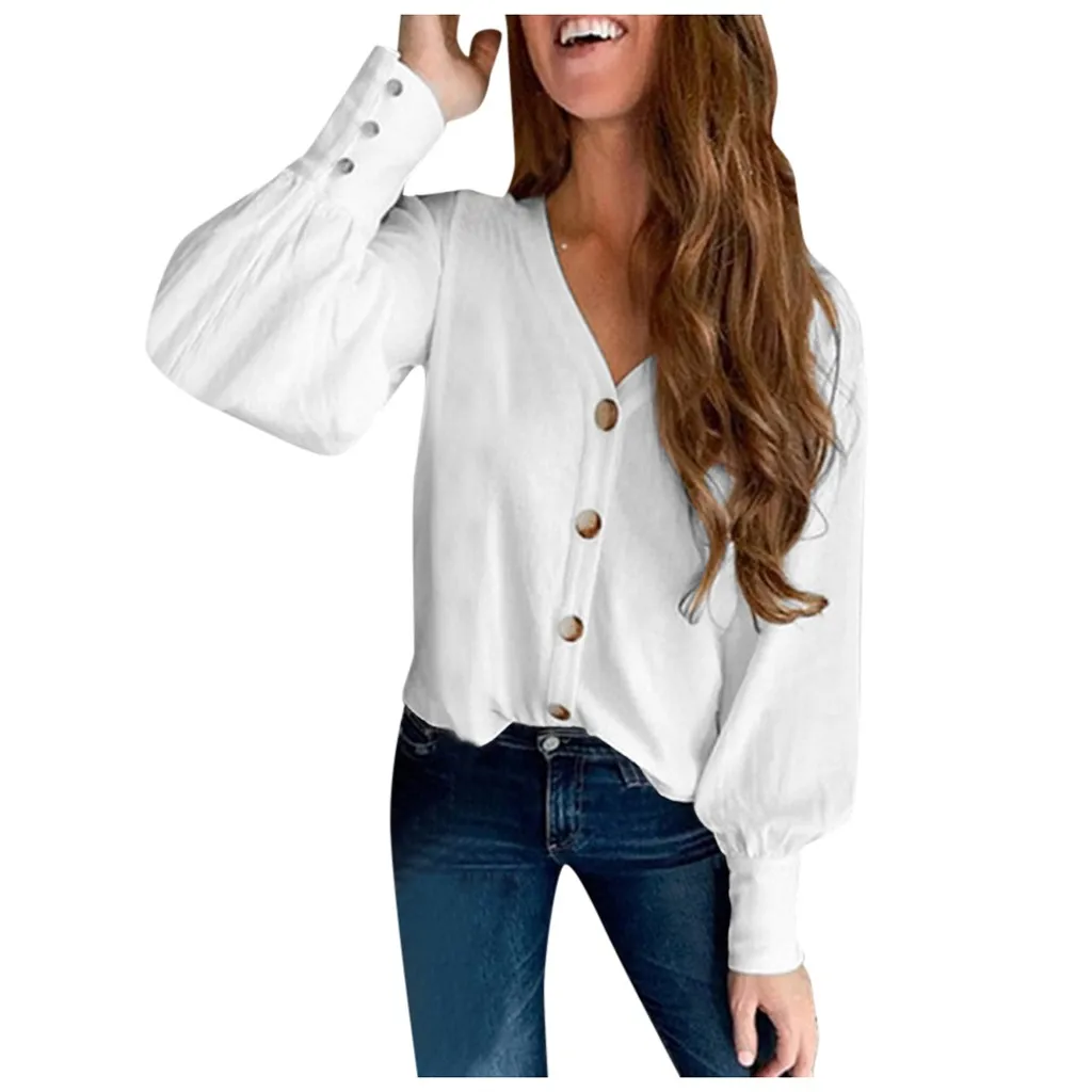 

Feitong Women's Casual Long Sleeve V Neck Blouse Button Narrow Cuff Loose Solid Top Blouse Top Blusas feminina