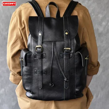 

Men's Backpack Shoulder Bag Retro Male 15" Laptop School Backpack Cowhide Leather Travel Large-capacity Genuine Leather Black