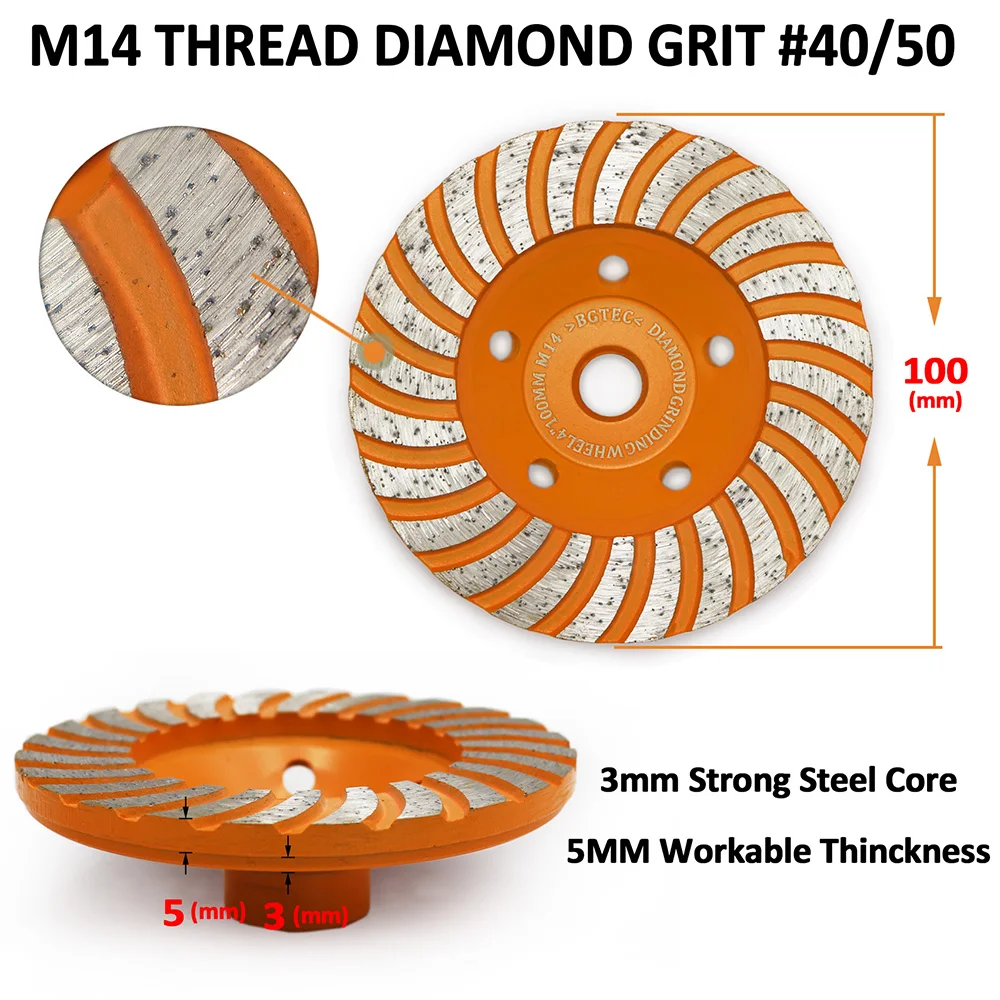 BGTEC 2pcs 4inch M14 flange Diamond Turbo Row Grinding Cup Wheel 100mm Grinding discs for marble, concrete, Masonry ,stone