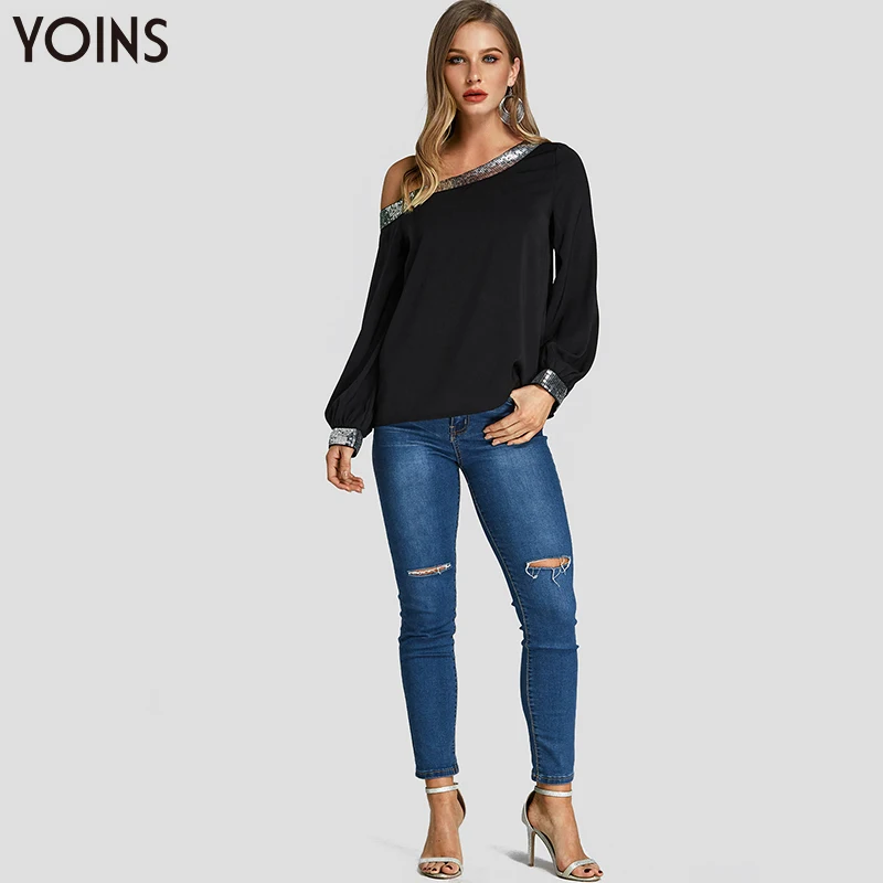 YOINS, блестящая Лоскутная блуза на одно плечо, рукав-фонарик,, женская модная рубашка, повседневные топы, туника, пуловеры, вечерние, для свиданий