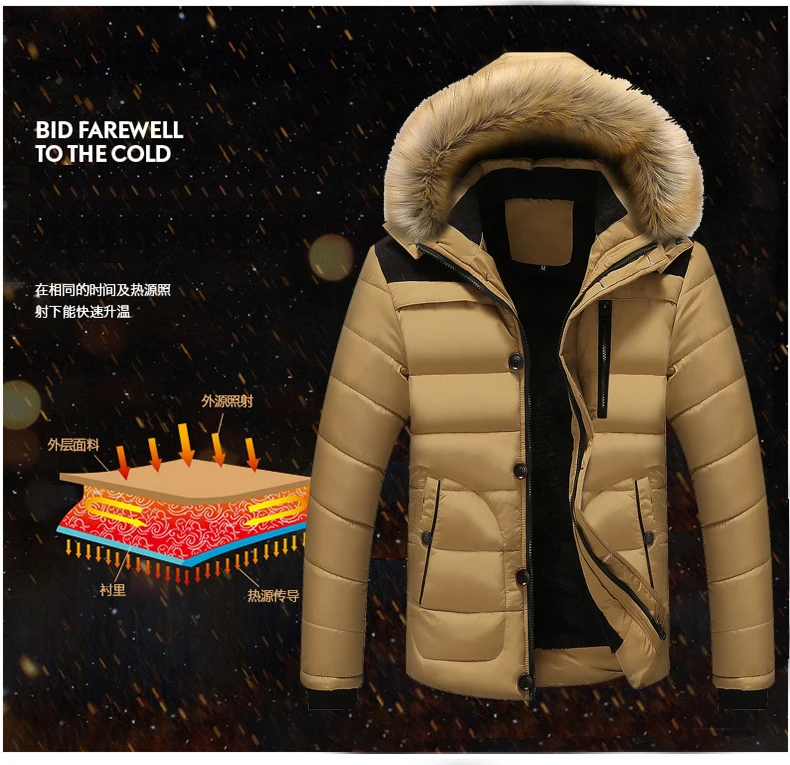 Зимняя Теплая мужская куртка однотонная Парка мужская Высококачественная Толстая куртка с капюшоном меховой воротник ветрозащитная стеганая куртка мужской большой размер