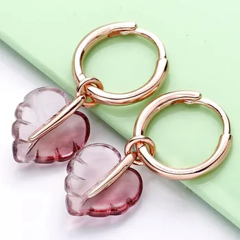 

Original 925 Sterling Silver Earring Leaf Hoop Earrings With Pink Murano Glass For Women Wedding Gift Fine Jewelry