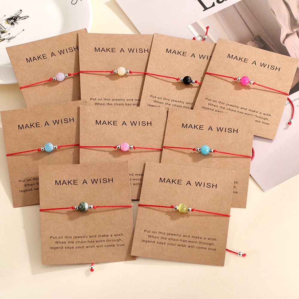 New cute 8mm stone beads simple charm hand rope adjustable cotton hemp wish card lucky woven bracelet for men and women bangle | Украшения