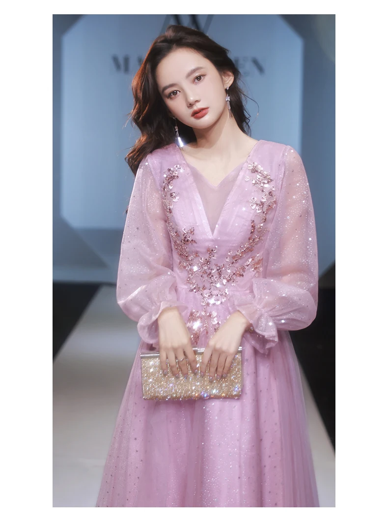 Evening Dresses Pink Evening Dresses For Women Elegant V-Neck A-Line Floor-Length Sequin Tulle Long Sleeves Formal Gown long sleeve evening gowns