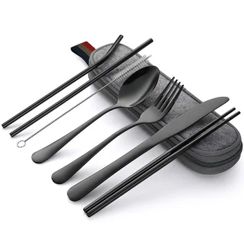 

8Pcs Stainless steel Cutlery Set Travel Camping Reusable Knife Metal Straw Spoon Fork Chopsticks sets with Portable Case