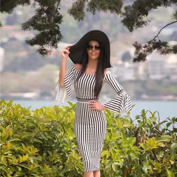 

Summer New Flare Sleeve Stripe Sexy Slim Strapless Bandage Dress