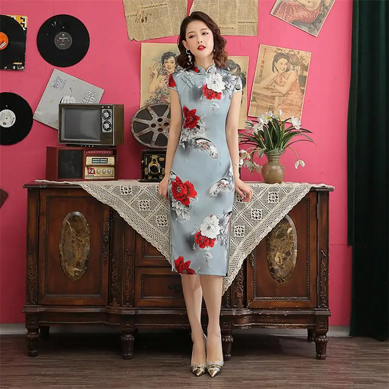 8212 Women Handmade Button Cheongsam Chinese Traditional Dress Print Satin Dress Sexy Mandarin Collar Qipao M-4XL - Цвет: 8212
