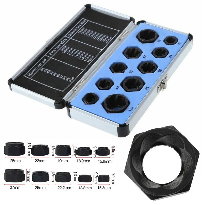

Universal 10pcs Damaged Nut Bolt Remover Stud Extractor Set 9-19mm Broken Bolt Removal Kit Black Nut Extractor