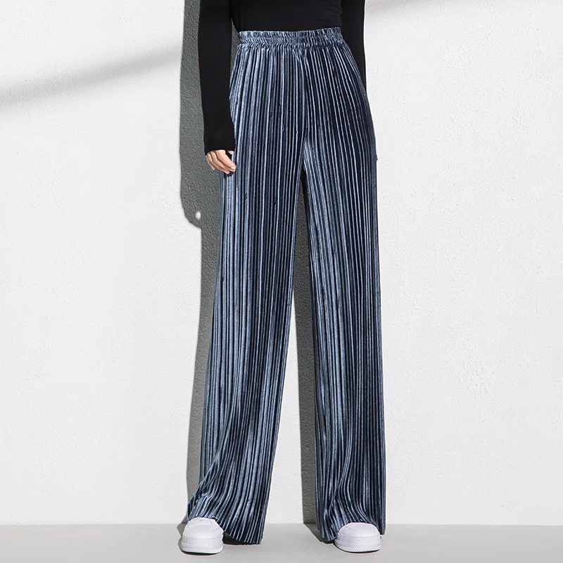 

pleated velvet broad leggings women autumn winter straight tube high waist velvet slacks mopped trousers stacked sweatpants