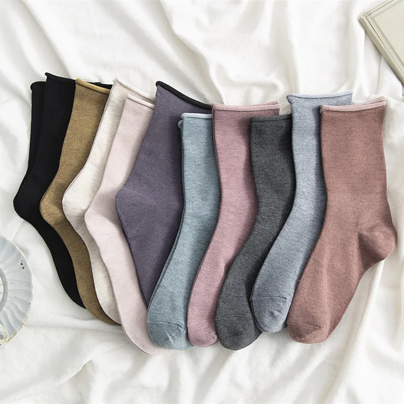 20 шт. = 10 пар в комплекте; модные хлопковые носки Обычный Чистый осень-зима длинные мягкие сваи носки с завернутыми краями, Компрессионные носки Для женщин и девочек школьного