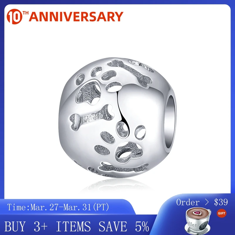 

CodeMonkey Openwork Pattern Pets' Footprint Round Beads for Women 925 Sterling Silver Charm fit Original Bracelet DIY Jewelry