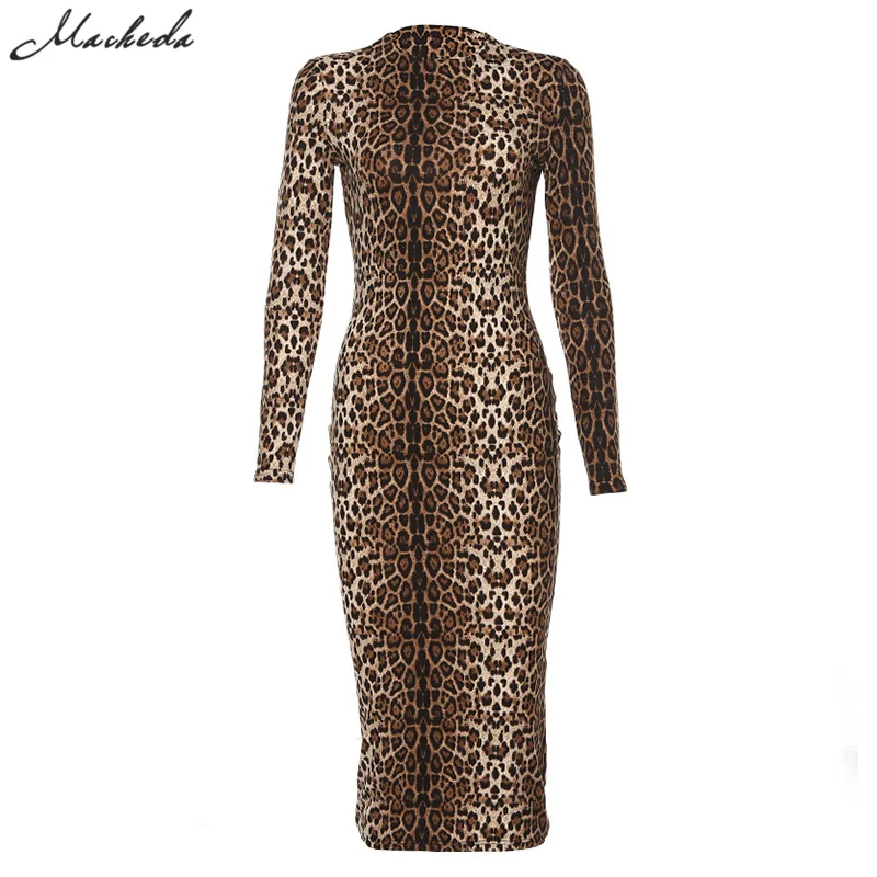 Macheda Tiger Полосатое облегающее платье для женщин, Осеннее облегающее платье с длинным рукавом и круглым вырезом, женское Повседневное платье до середины икры, новинка - Цвет: Leopard print