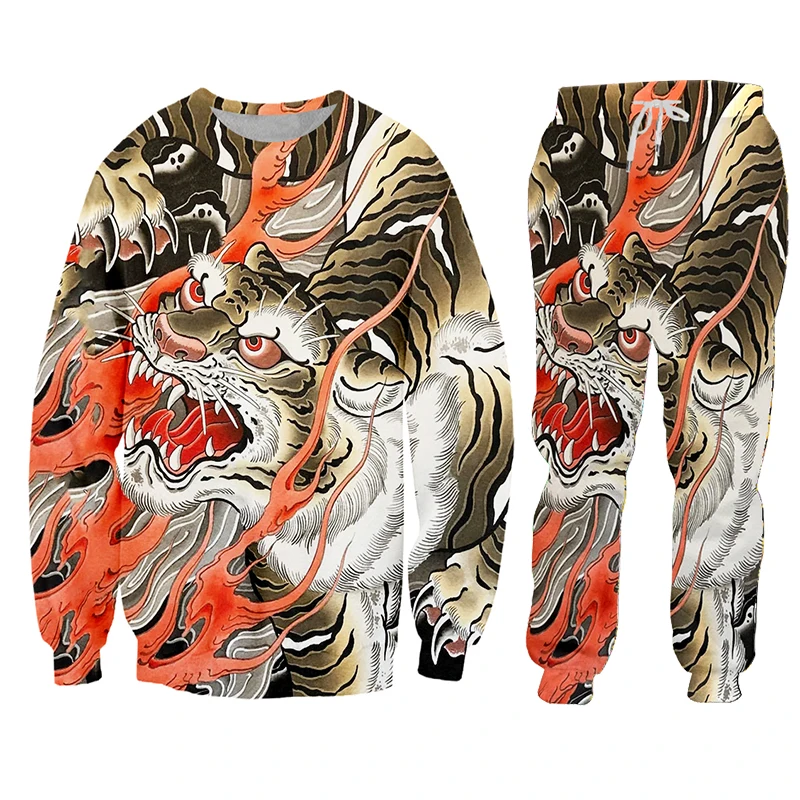 Animal Tiger Mens Fashion Print Hoodie Set 2 Piece Suits Jacket + Pants For Mens Suits Man Print Suits Set Tracksuit Sportswear