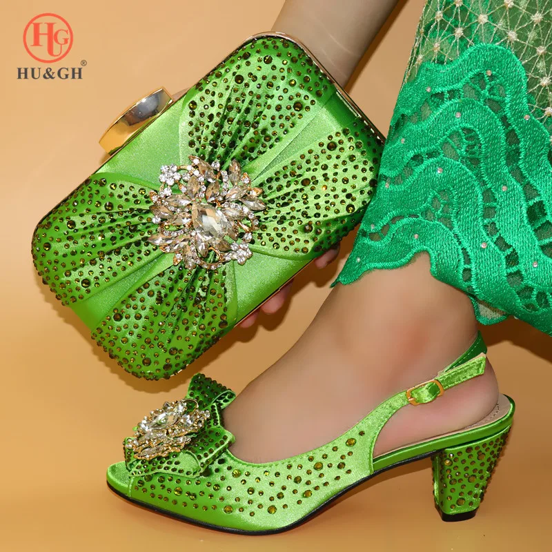 

Newest Italian Shoes with Matching Bag for Wedding Italy Woman Italian Shoes and Bags Set Rhinestone Green Shoes and Bag Set