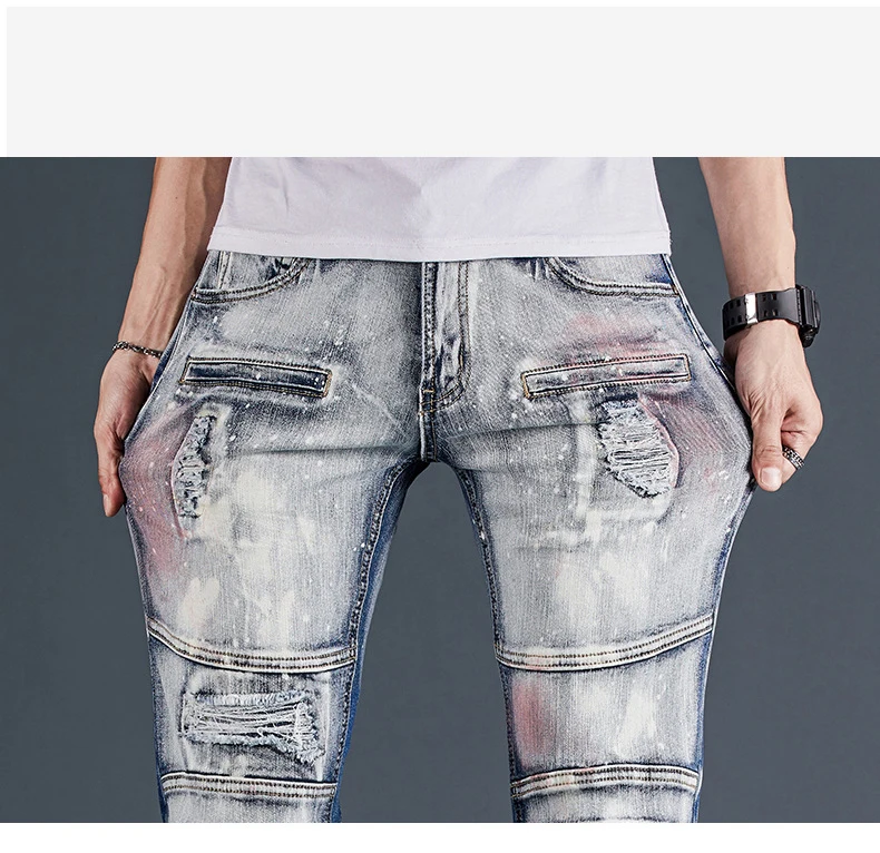 light blue jeans men Ripped Holes Stitching Motorcycle Jeans Men's High Street Punk Style Stretch Slim Denim Hip Hop Vintage Straight Trousers jeans men